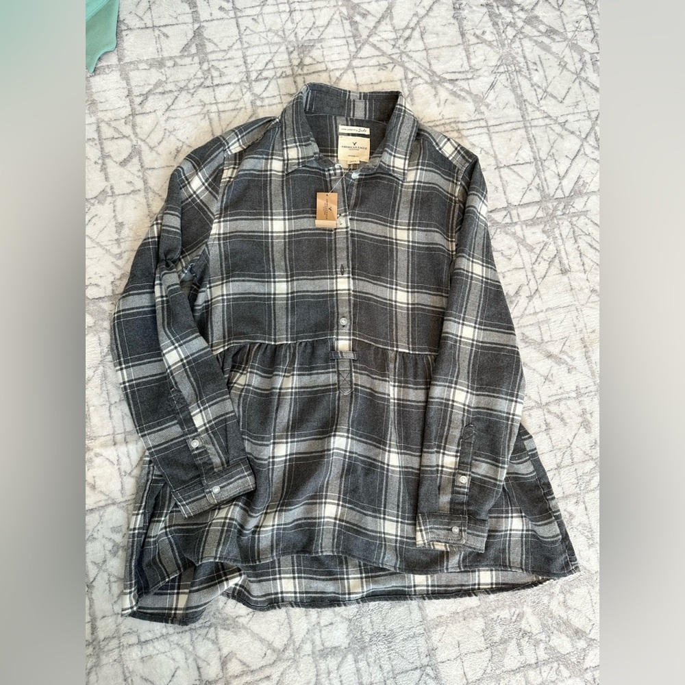 American Eagle plaid babydoll top long sleeve soft flannel shirt NWT